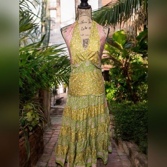 Floral Boho Halter Green and Pink Dress ONE SIZE FITS MOST - Picture 1 of 6